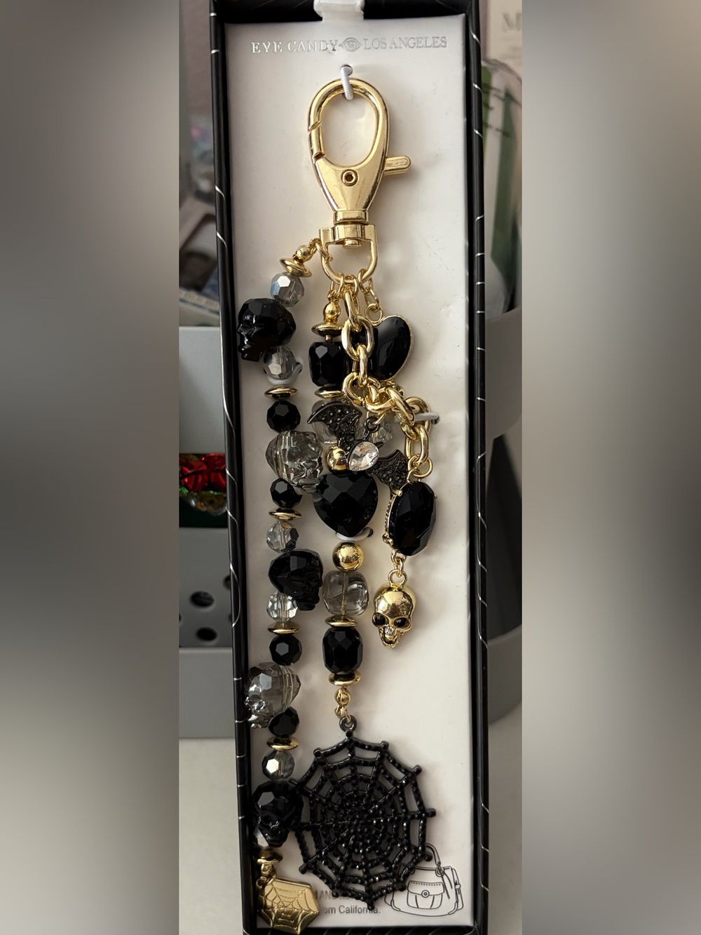 EyeCandy Gold-Tone and Black Bead Keychain - Gothic Skull & Spiderweb